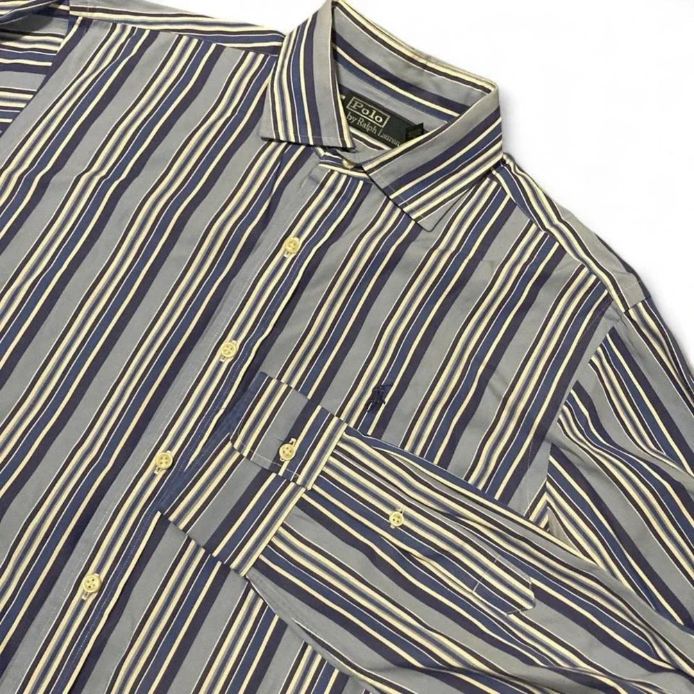 Polo Ralph Lauren blue vertical stripe button up shirt vtg cotton preppy L/24.5‎